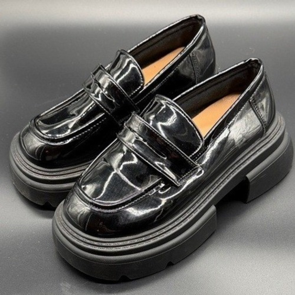 Fashion Loafers Womens Size 6 Chunky Lug Sole Black Patentβ Platform Penny Strap